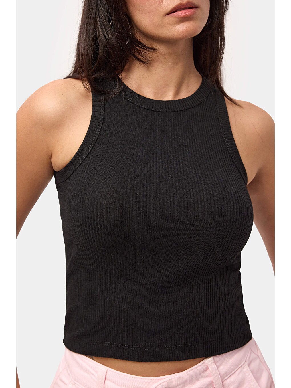 Kadın Siyah s6-1 Sıfır Kol Esnek Kumaş Crop Top-5