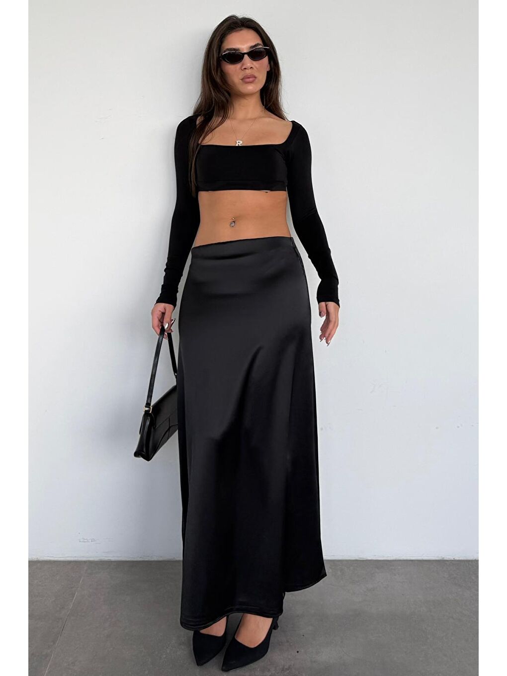 Siyah Saten Midi Boy Kadın Etek Mg2637-2