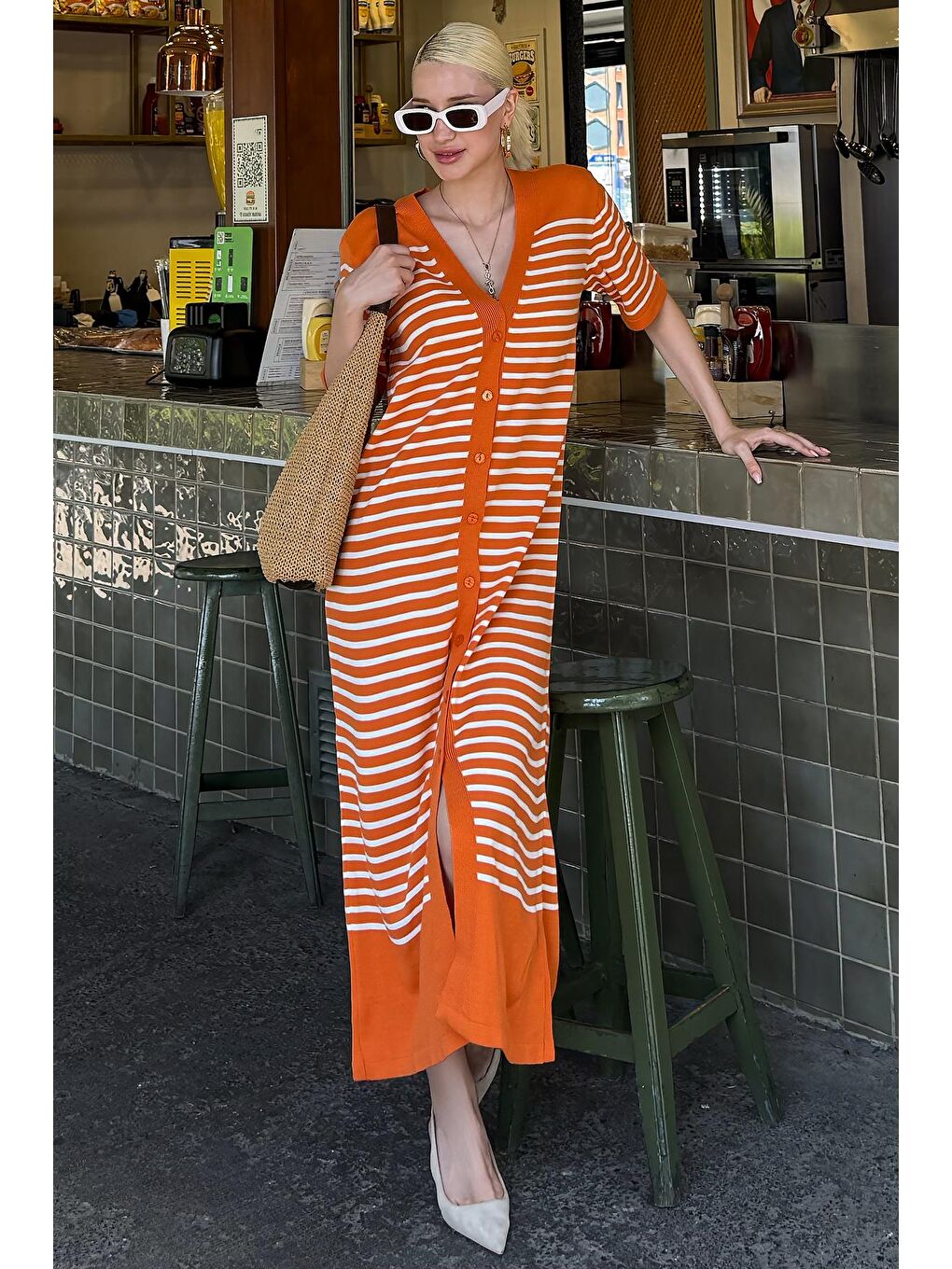 Turuncu Düğmeli Triko Kadın Elbise Mg1648