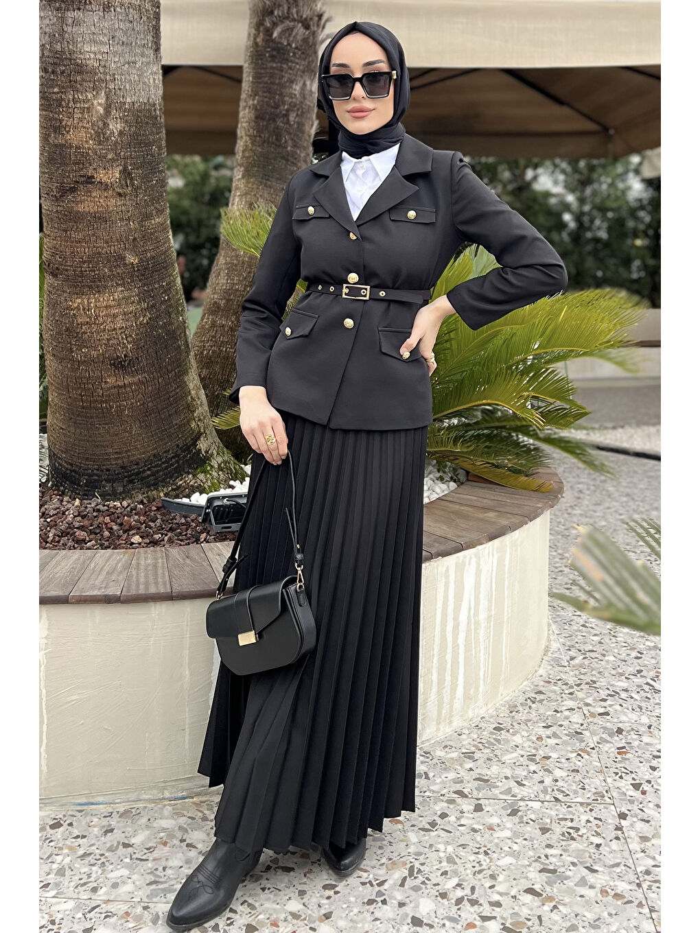 Siyah Kadın Kemer Aksesuarlı Blazer Ceket Etek Tesettür İkili Takım