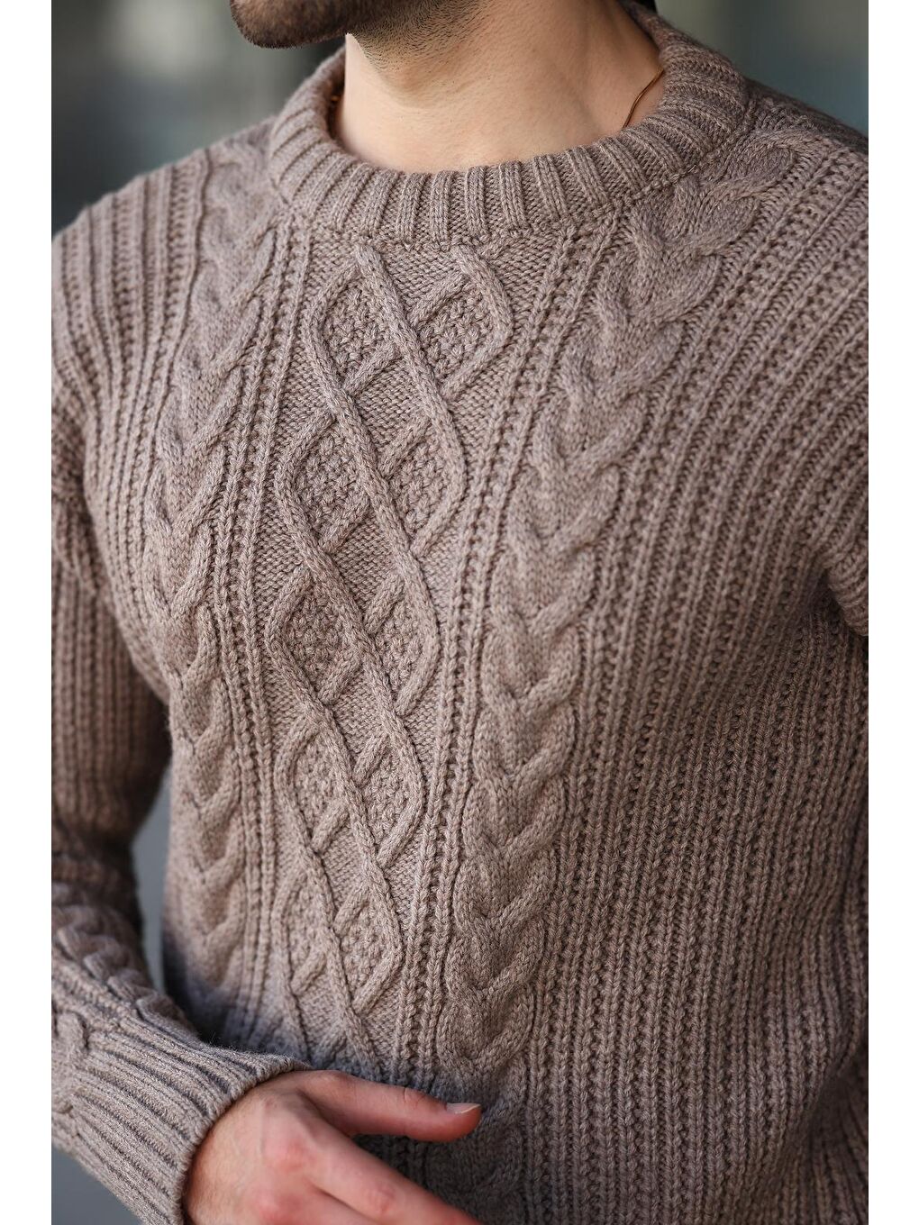 Bej Vizon Örgü Desenli Triko Erkek Kazak E7425-2