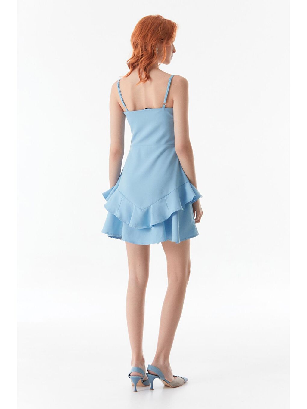 Mavi İp Askılı Fırfırlı Elbise-2