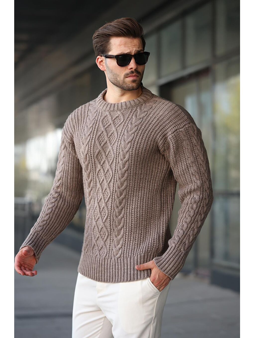 Bej Vizon Örgü Desenli Triko Erkek Kazak E7425-3