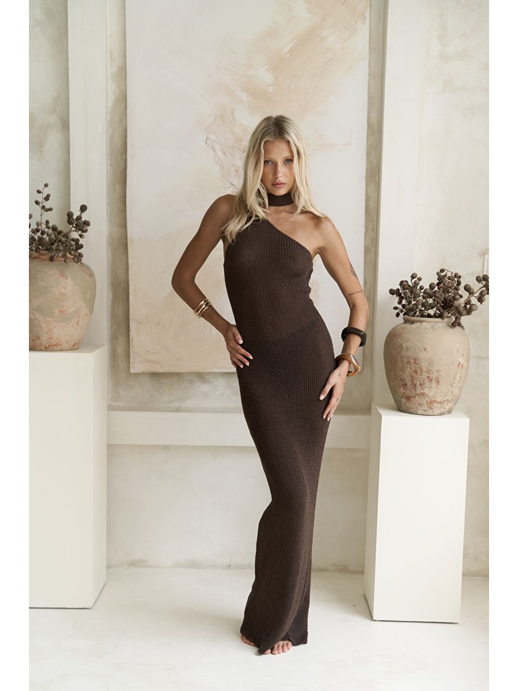Kahverengi Kamalas Asimetrik Triko Kahve Uzun Elbise