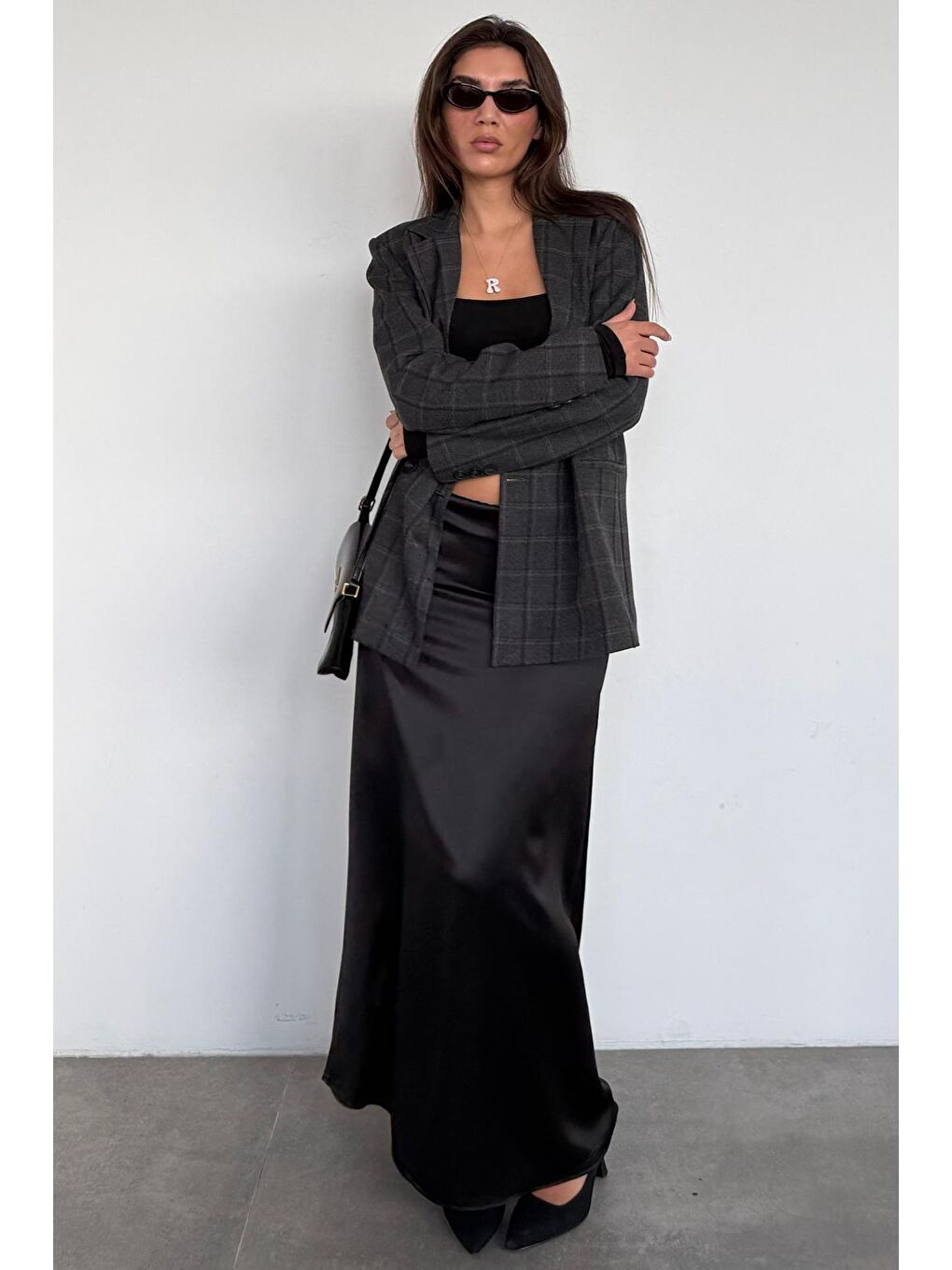 Siyah Saten Midi Boy Kadın Etek Mg2637-4