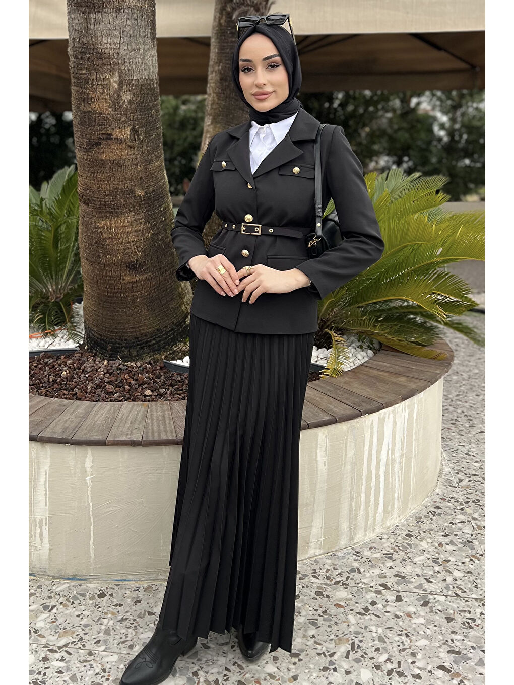 Siyah Kadın Kemer Aksesuarlı Blazer Ceket Etek Tesettür İkili Takım-3