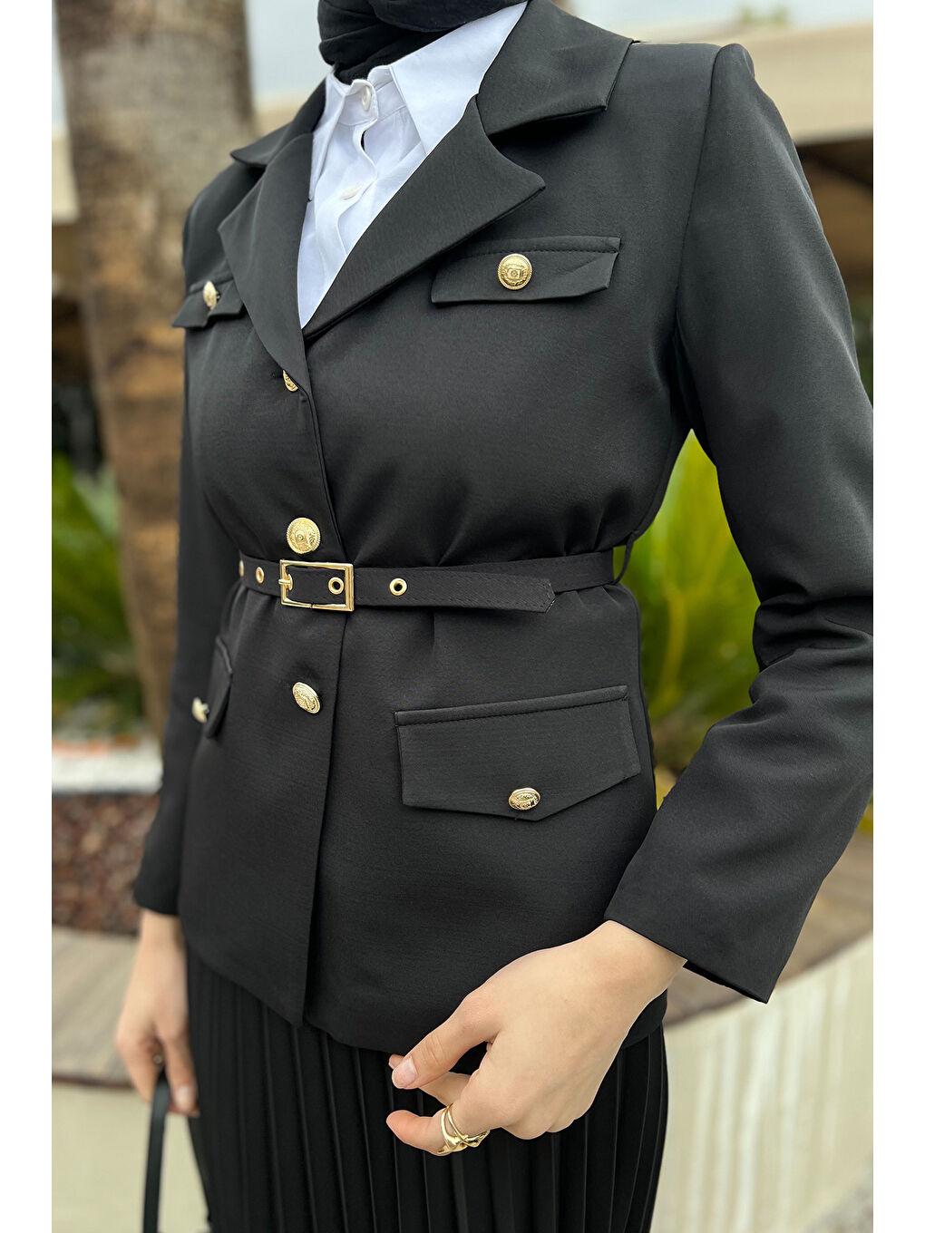 Siyah Kadın Kemer Aksesuarlı Blazer Ceket Etek Tesettür İkili Takım-4