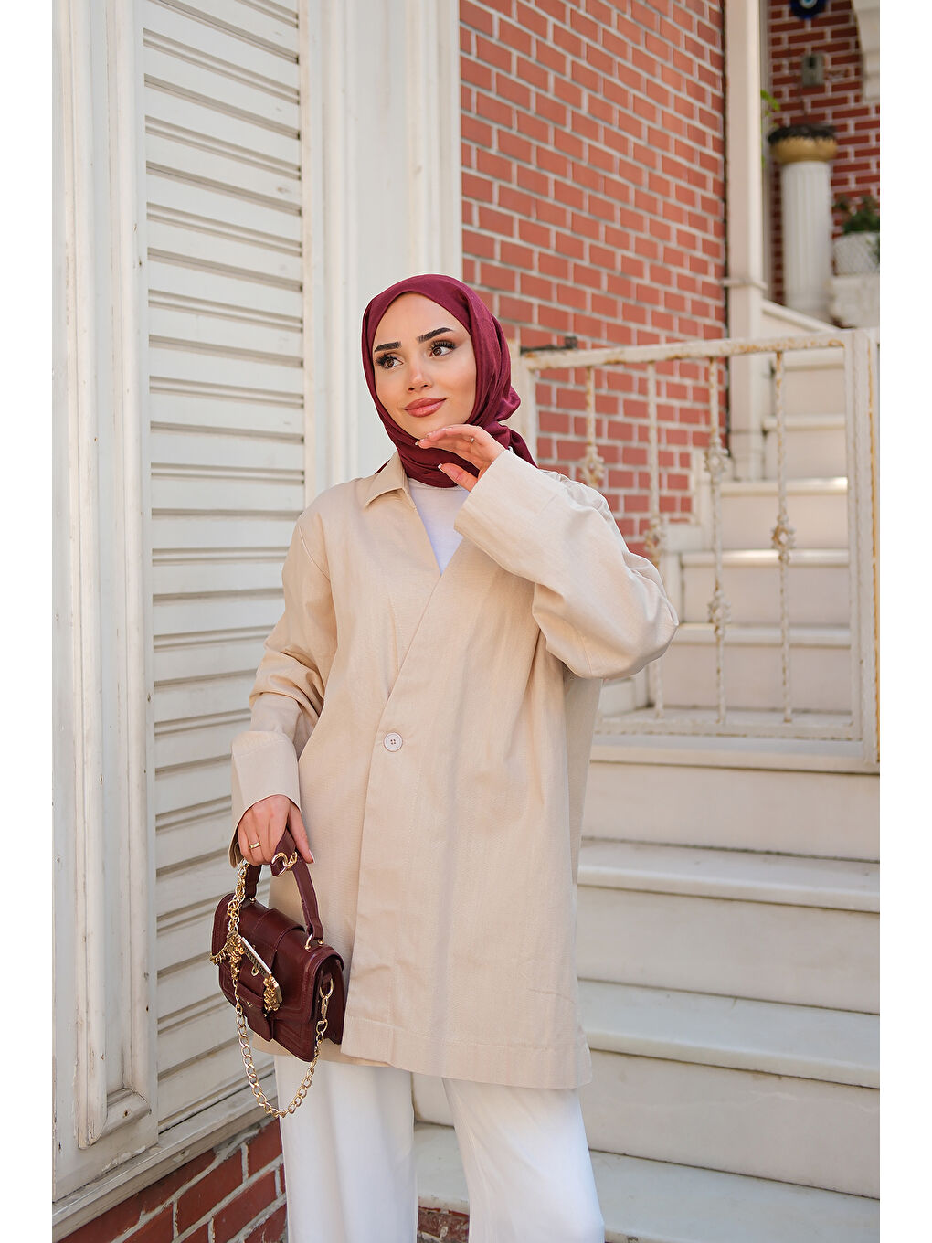 Ekru Kadın Kruvaze Yaka Keten Ceket  Krem-3