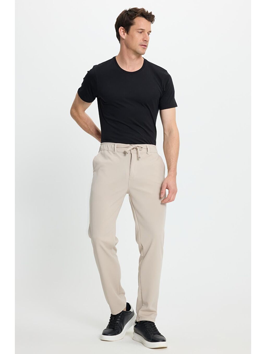 Bej Erkek Slim Fit Dar Kesim Beli Lastikli Bağcık Detaylı Taş Pantolon-1