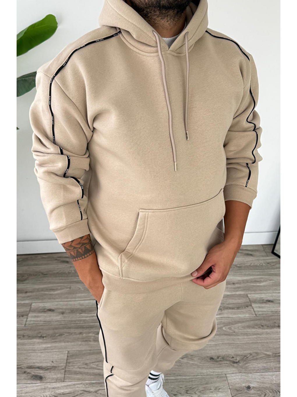 Erkek Kapüşonlu Kanguru Cepli Biyeli %100 Pamuk Alt Üst Takım Bej-1