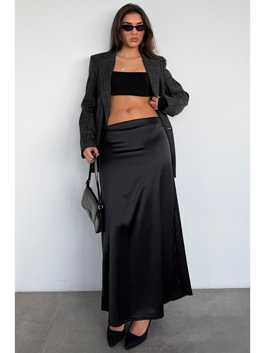 Siyah Saten Midi Boy Kadın Etek Mg2637-5