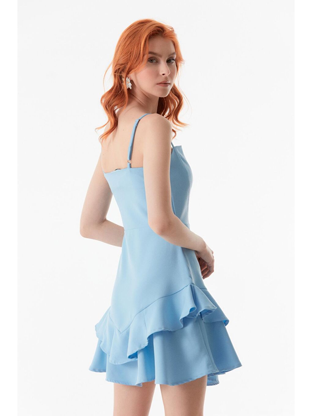 Mavi İp Askılı Fırfırlı Elbise-3