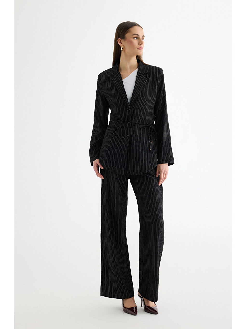 Çizgili Bağcıklı Gömlek Ceket Siyah-1