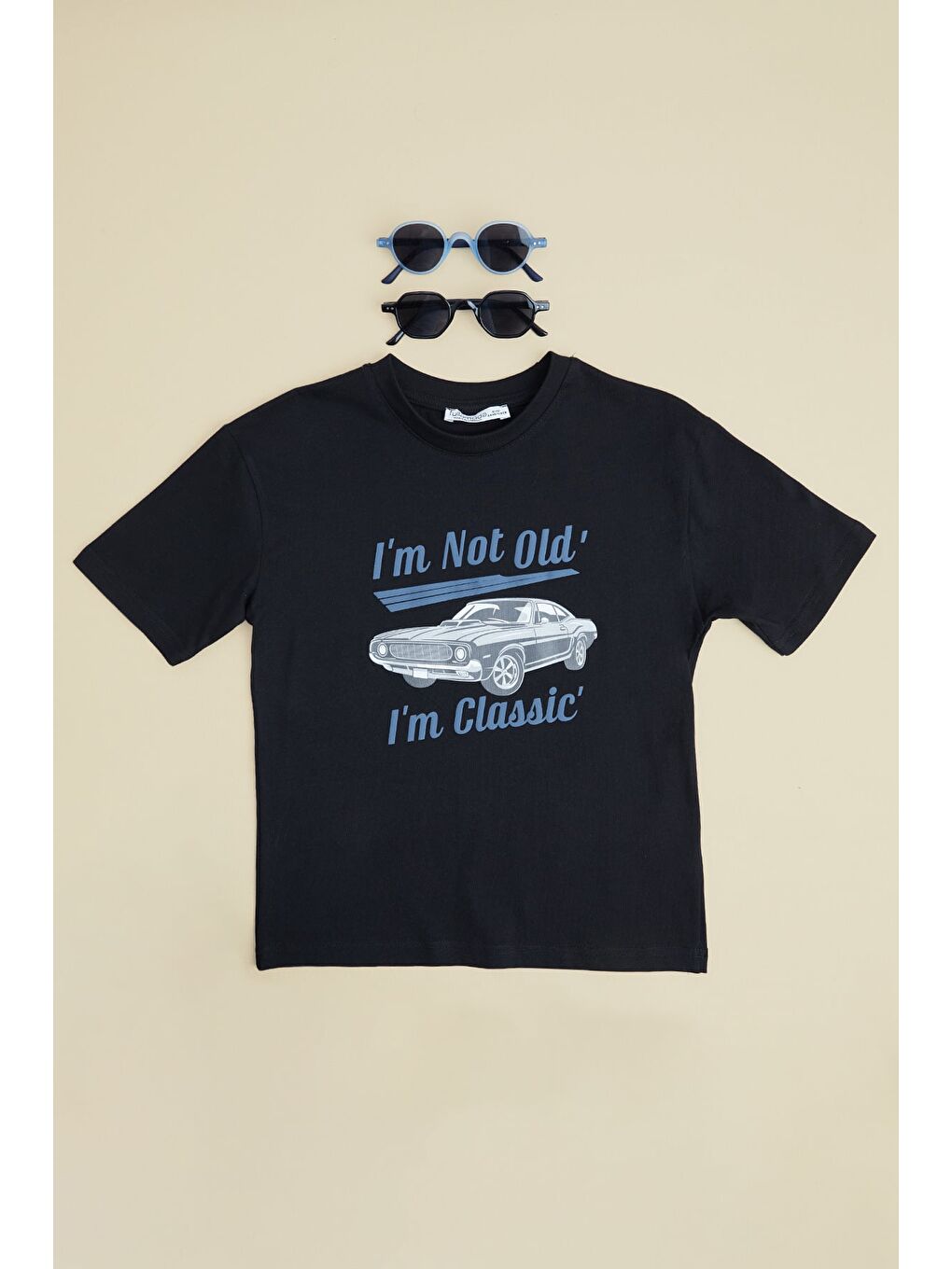 Siyah Araba Baskılı Bisiklet Yaka Erkek Çocuk Tişört
