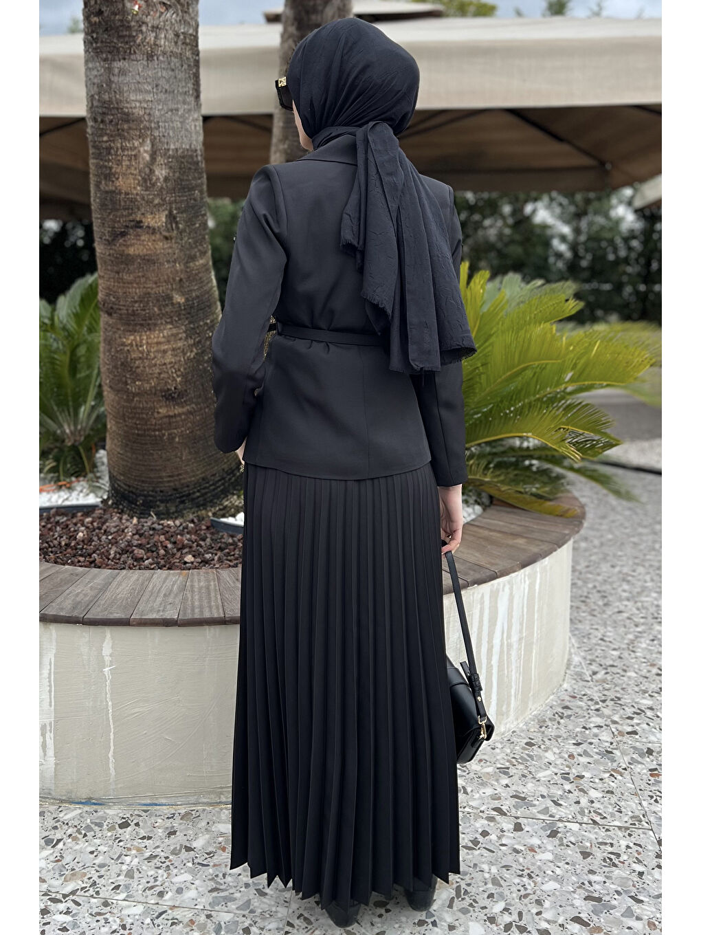 Siyah Kadın Kemer Aksesuarlı Blazer Ceket Etek Tesettür İkili Takım-7