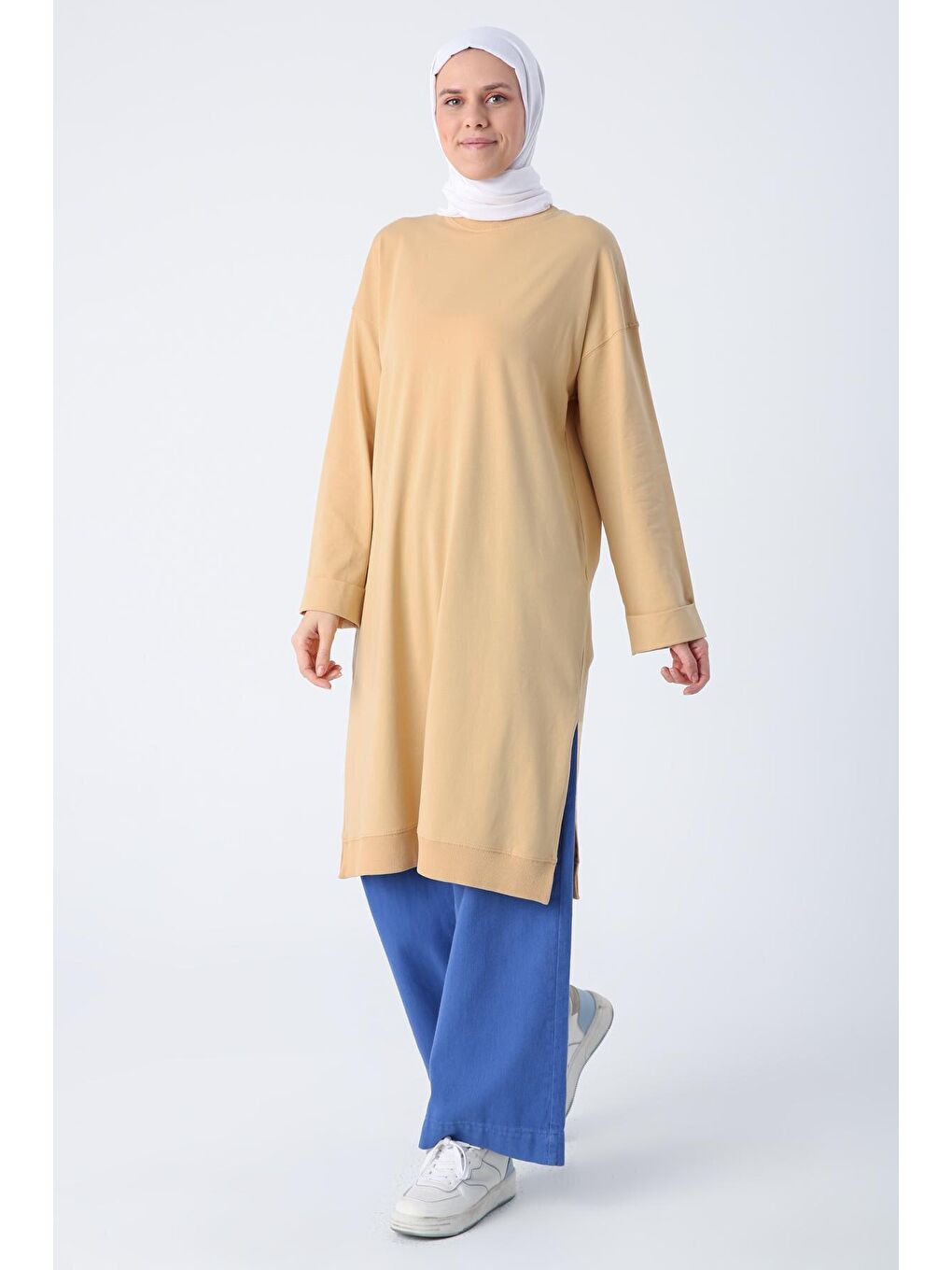 Sarı Bisiklet Yaka Kol Ucu Katlamalı Yıtmaçlı Penye Tunik-2