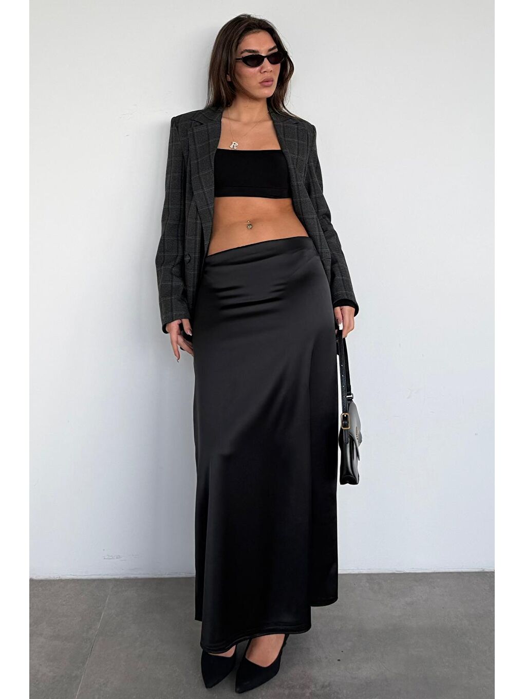 Siyah Saten Midi Boy Kadın Etek Mg2637-6