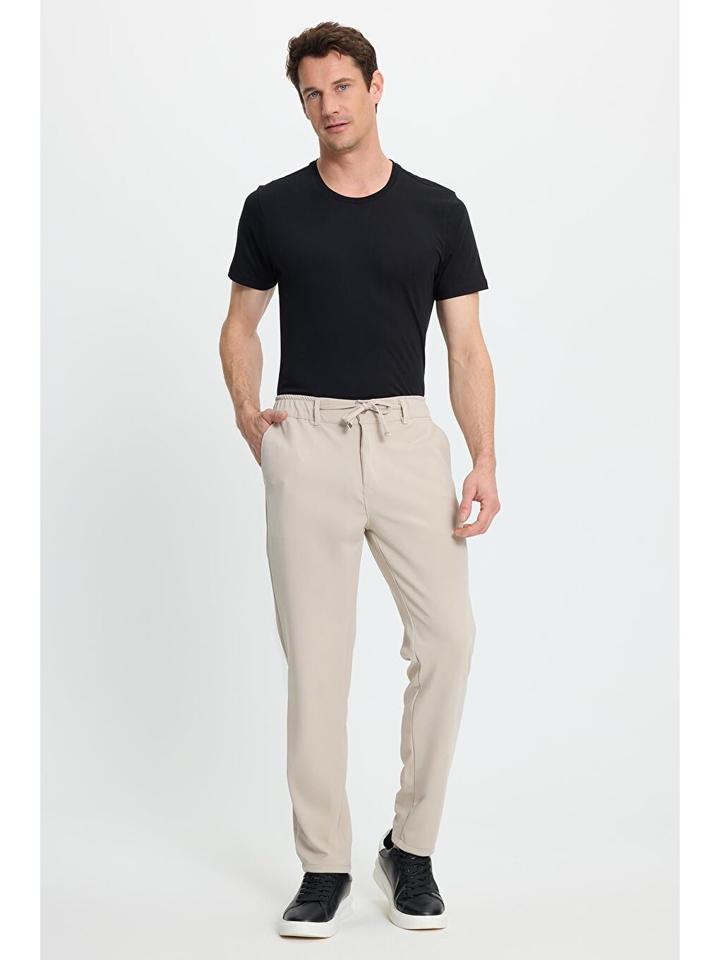 Bej Erkek Slim Fit Dar Kesim Beli Lastikli Bağcık Detaylı Taş Pantolon-2