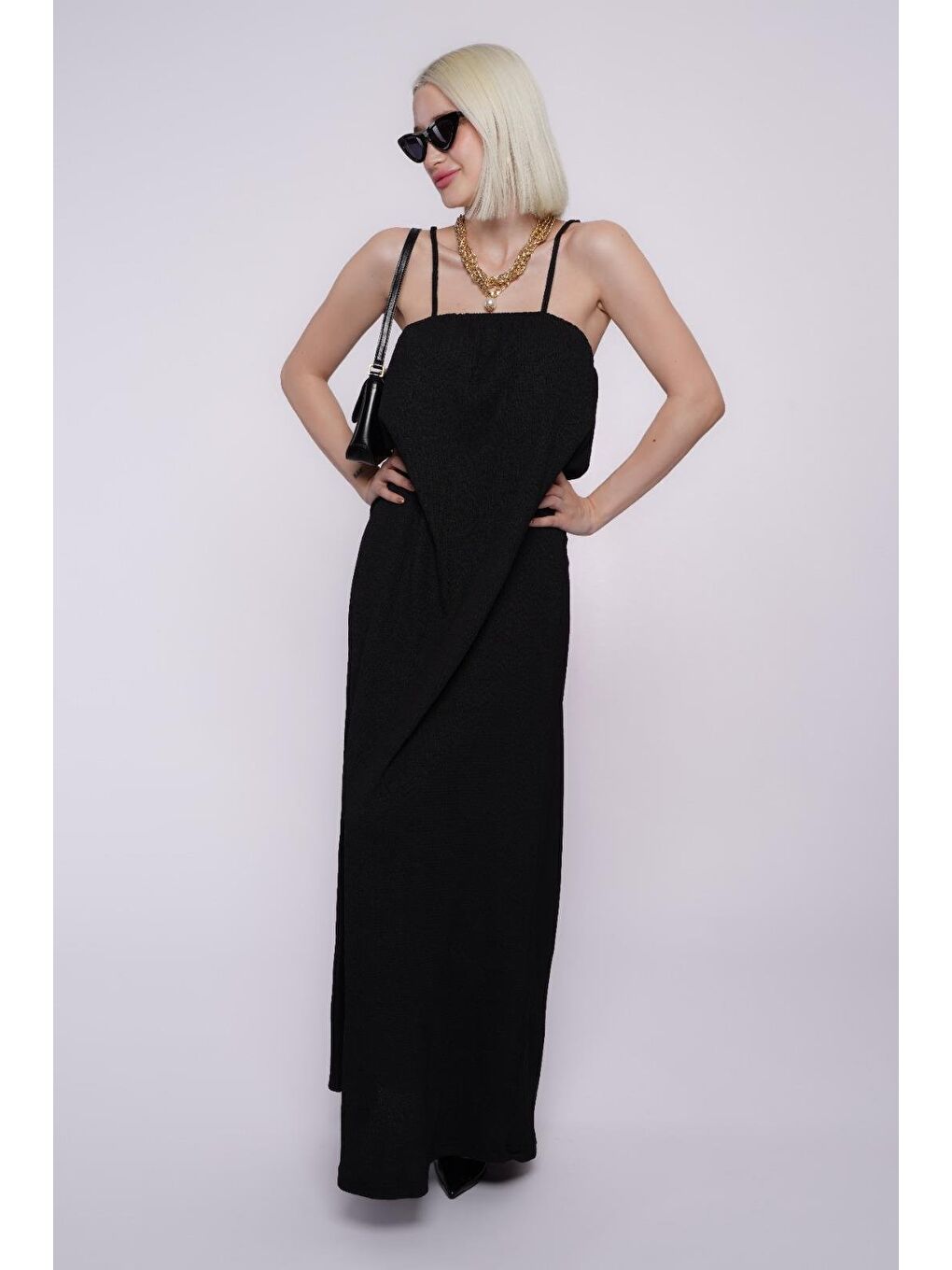 Siyah Askılı Uzun Salaş Bürümcük Elbise Mg1720-1