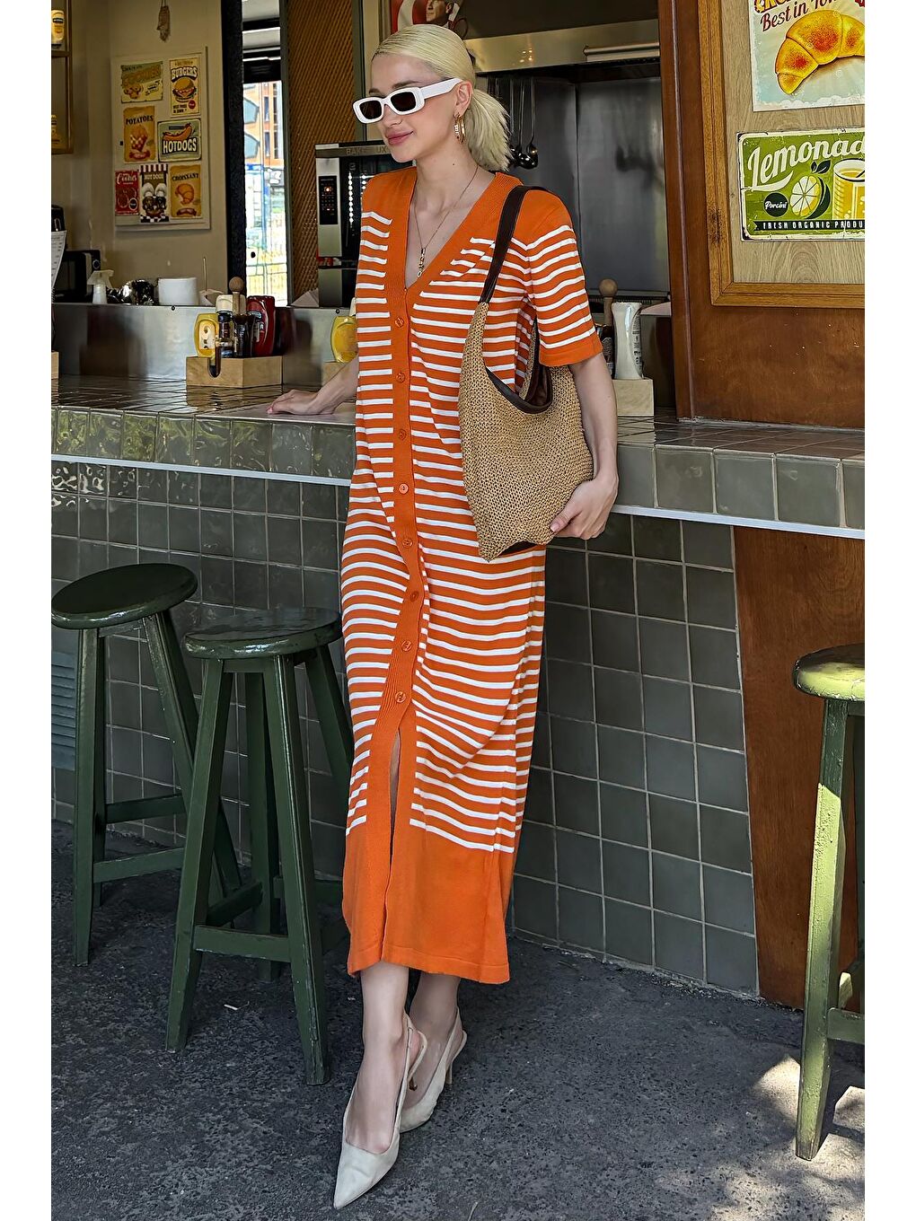 Turuncu Düğmeli Triko Kadın Elbise Mg1648-2