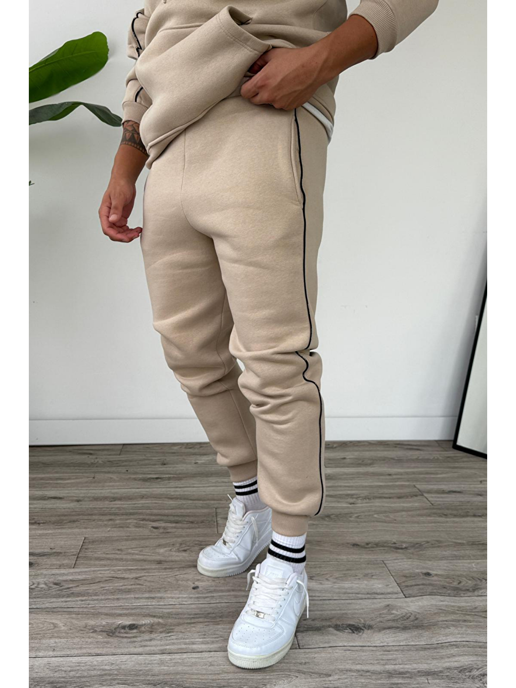 Erkek Kapüşonlu Kanguru Cepli Biyeli %100 Pamuk Alt Üst Takım Bej-2