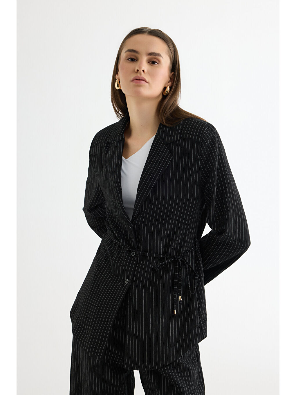Çizgili Bağcıklı Gömlek Ceket Siyah-2