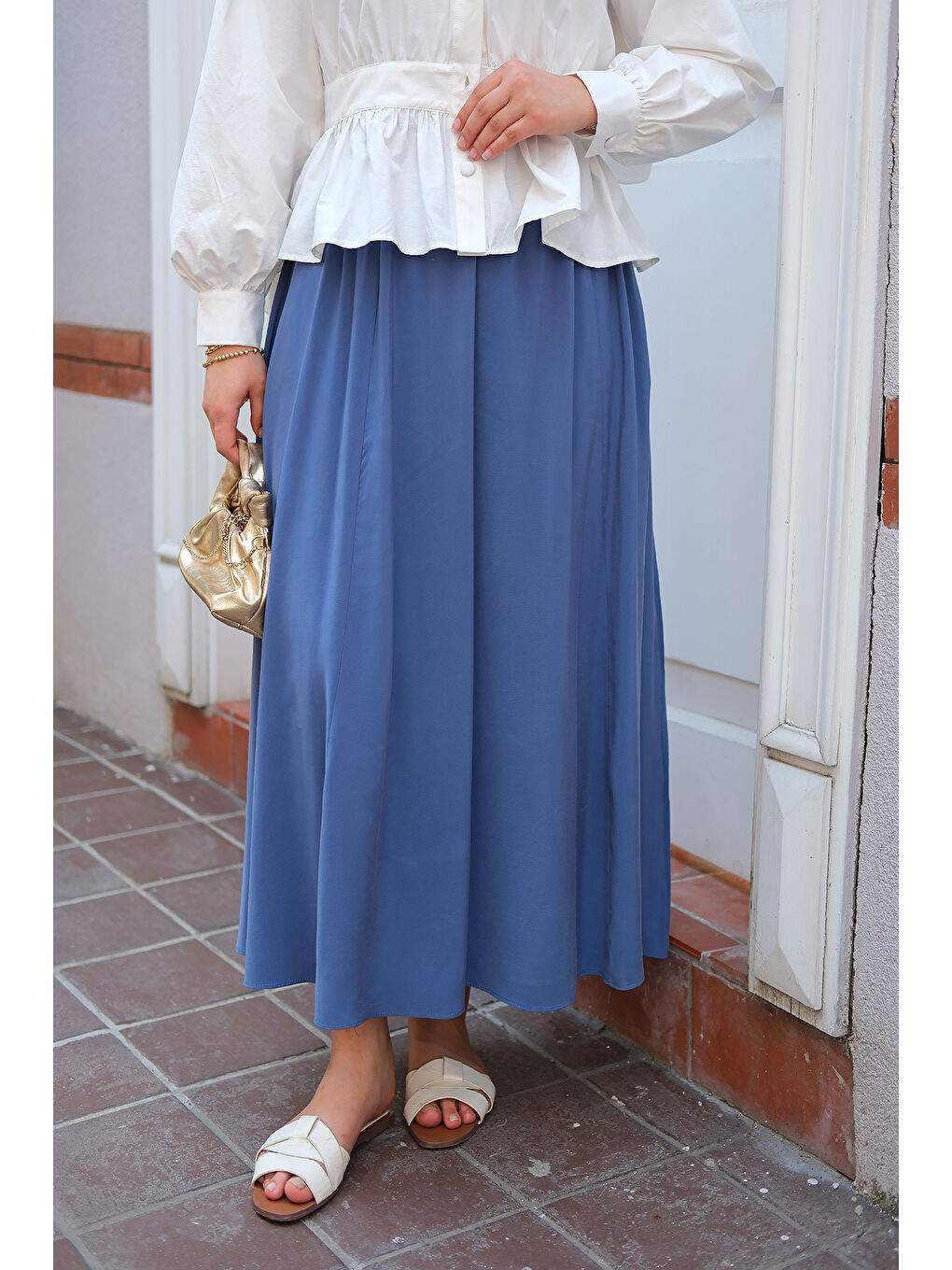 Kadın Kırışık Kloş Etek İndigo Mavi-3