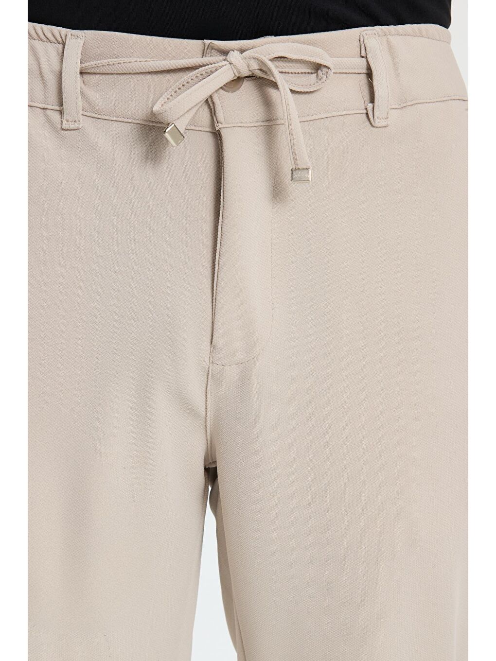 Bej Erkek Slim Fit Dar Kesim Beli Lastikli Bağcık Detaylı Taş Pantolon-3