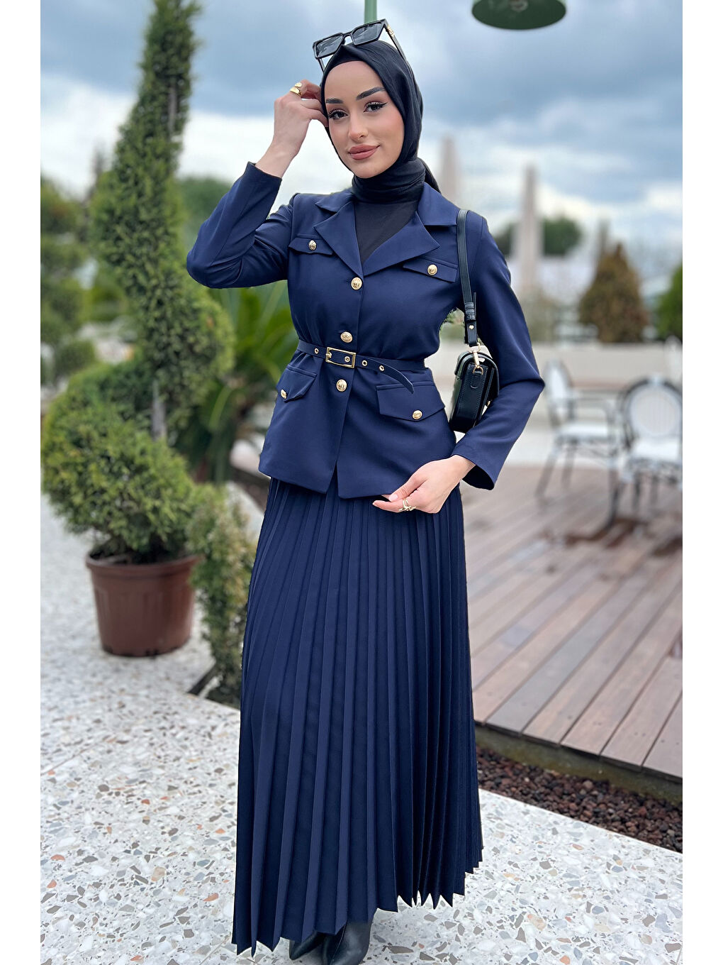 Lacivert Kadın Kemer Aksesuarlı Blazer Ceket Etek Tesettür İkili Takım-1