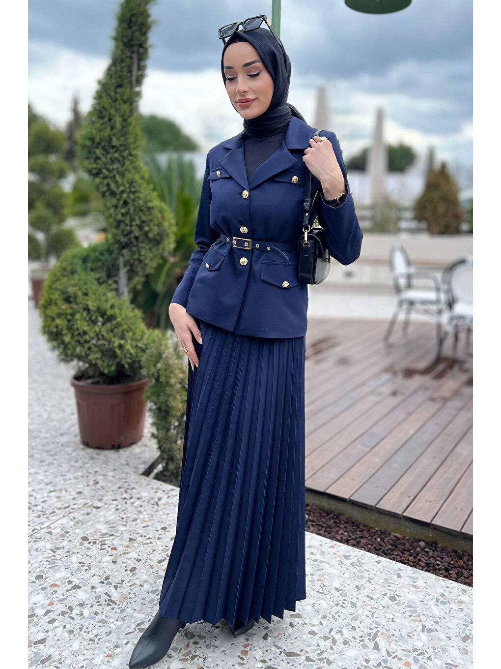 Lacivert Kadın Kemer Aksesuarlı Blazer Ceket Etek Tesettür İkili Takım-2