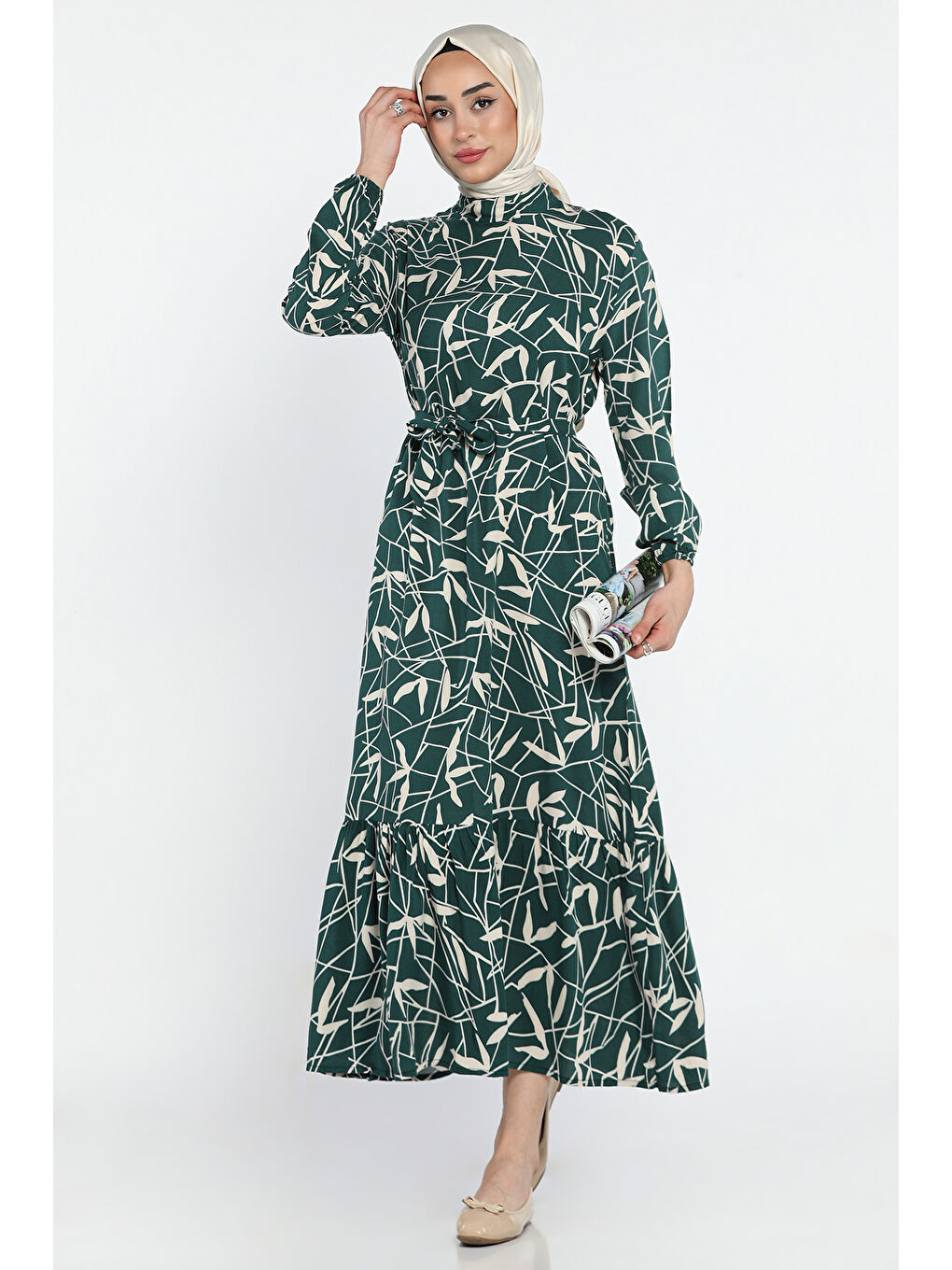 Yeşil Desenli Bel Bağlamalı Tesettür Viskon Elbise-3