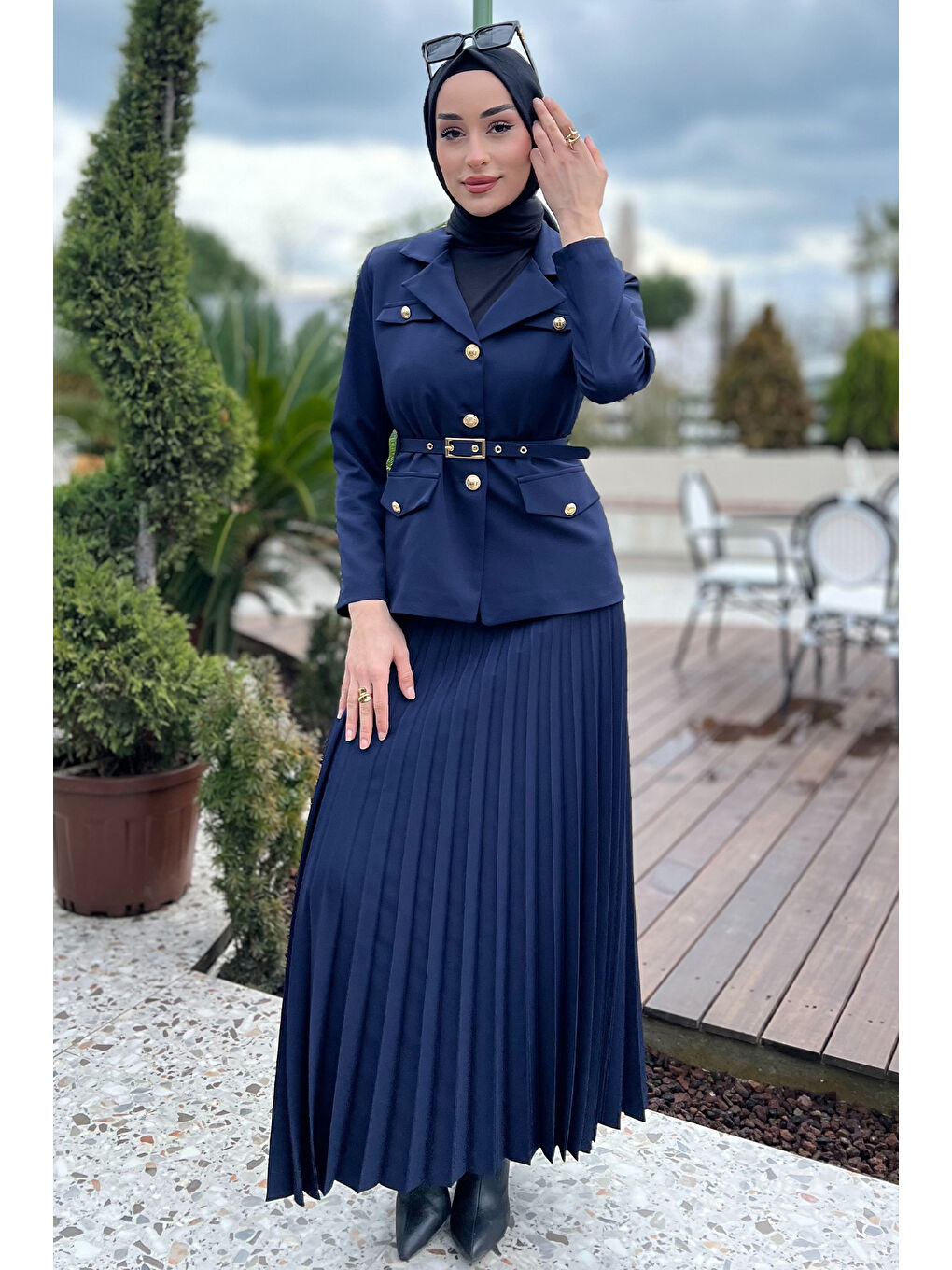 Lacivert Kadın Kemer Aksesuarlı Blazer Ceket Etek Tesettür İkili Takım-4