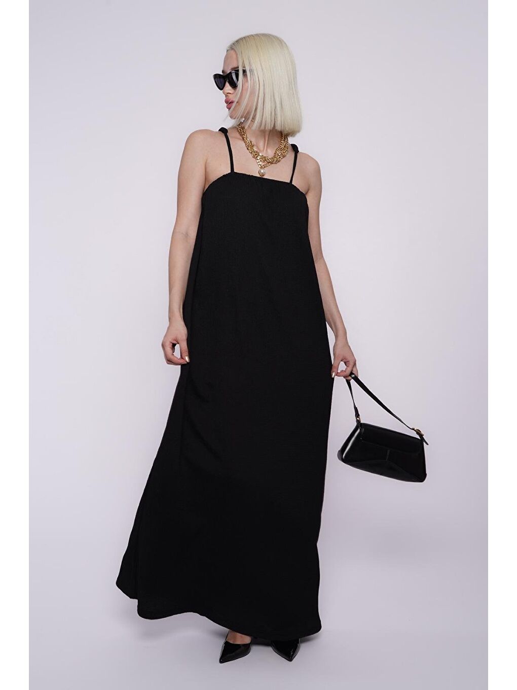 Siyah Askılı Uzun Salaş Bürümcük Elbise Mg1720-3