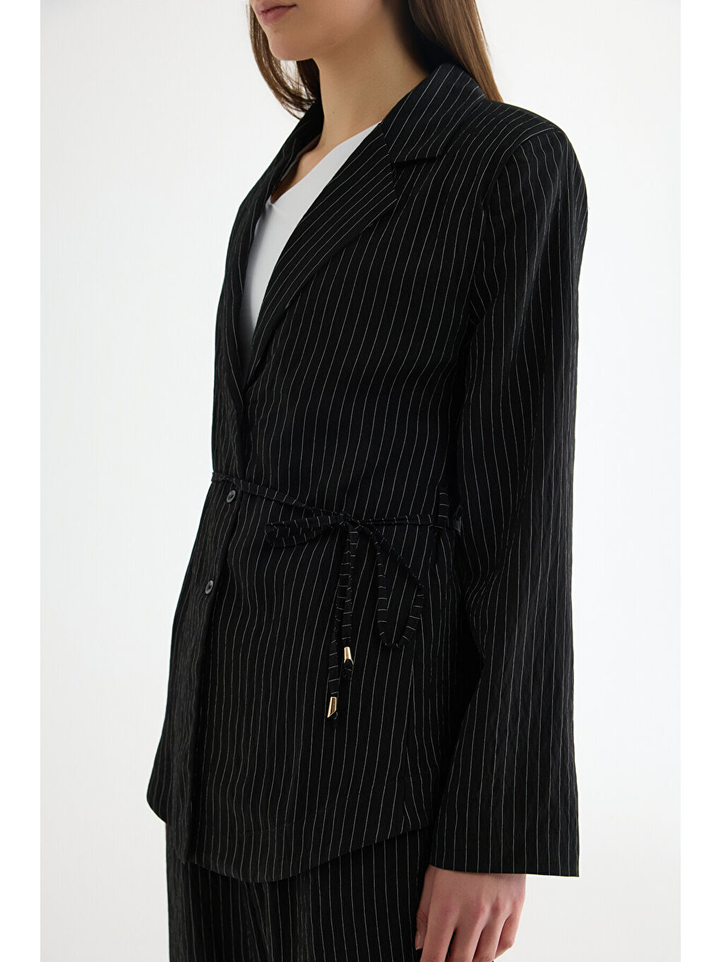 Çizgili Bağcıklı Gömlek Ceket Siyah-3