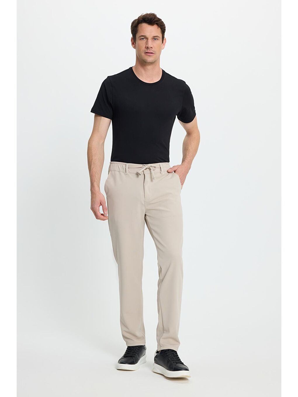 Bej Erkek Slim Fit Dar Kesim Beli Lastikli Bağcık Detaylı Taş Pantolon-4