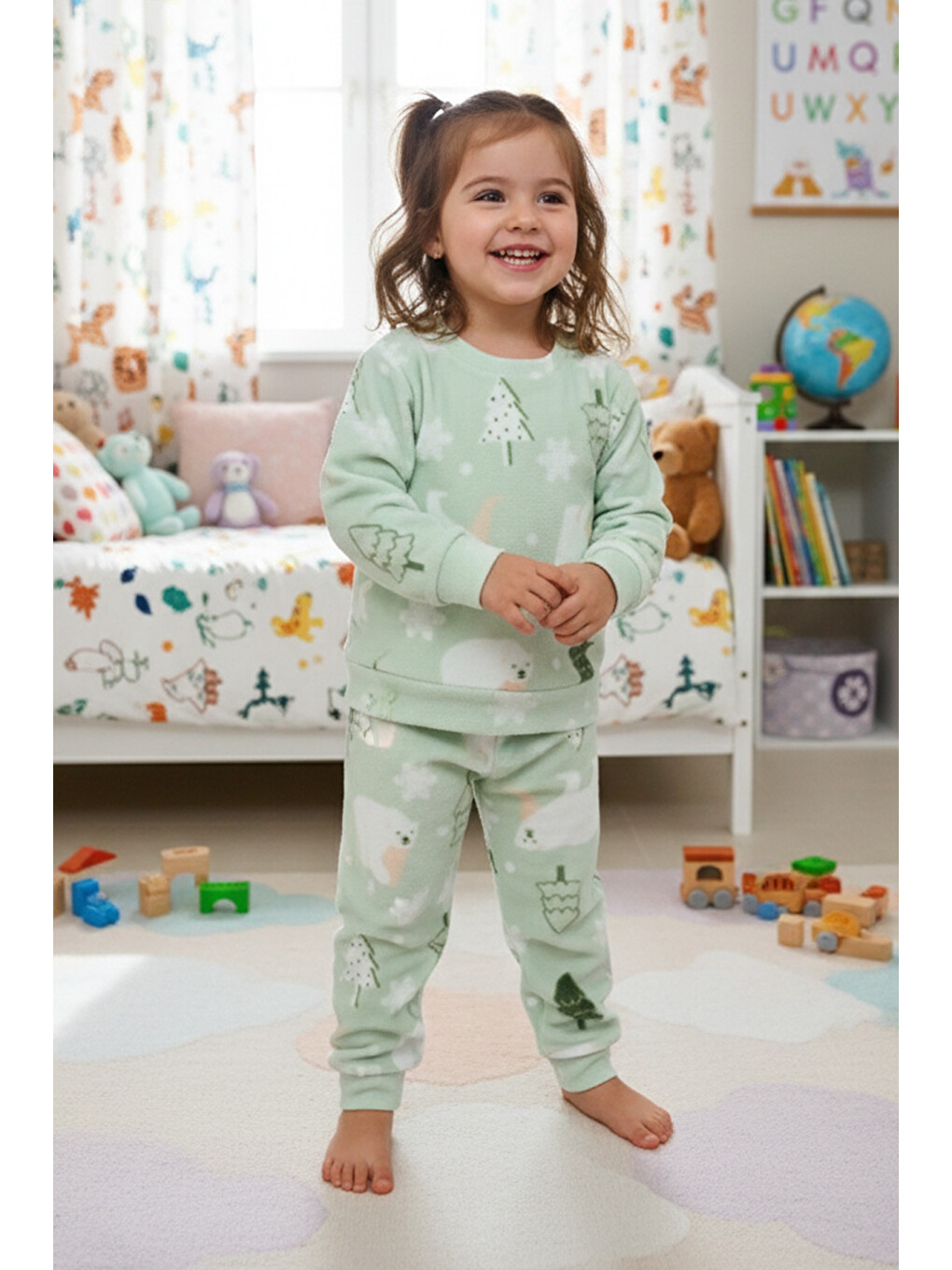 Turkuaz Kutup Ayısı Desenli Polar Unisex Çocuk Pijama Takımı