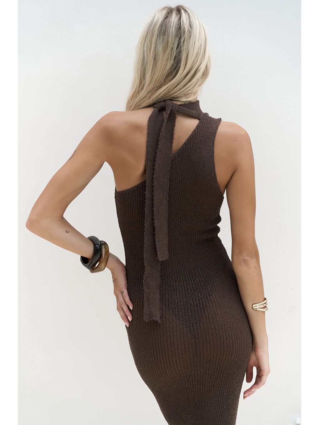 Kahverengi Kamalas Asimetrik Triko Kahve Uzun Elbise-7