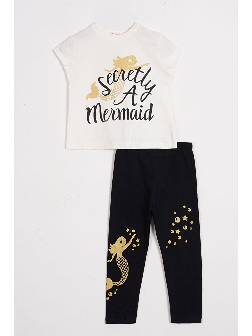 Kısa Kol Yazı Baskılı Ekru Renk Kız Çocuk Taytlı Takım