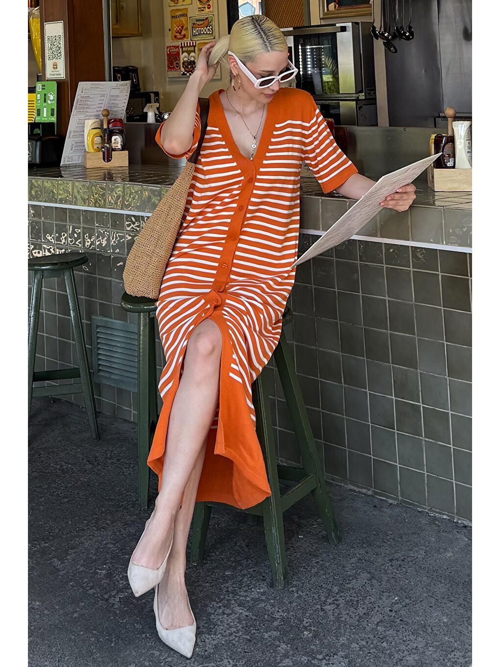 Turuncu Düğmeli Triko Kadın Elbise Mg1648-3