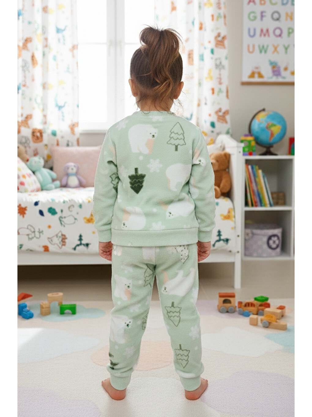 Turkuaz Kutup Ayısı Desenli Polar Unisex Çocuk Pijama Takımı-1