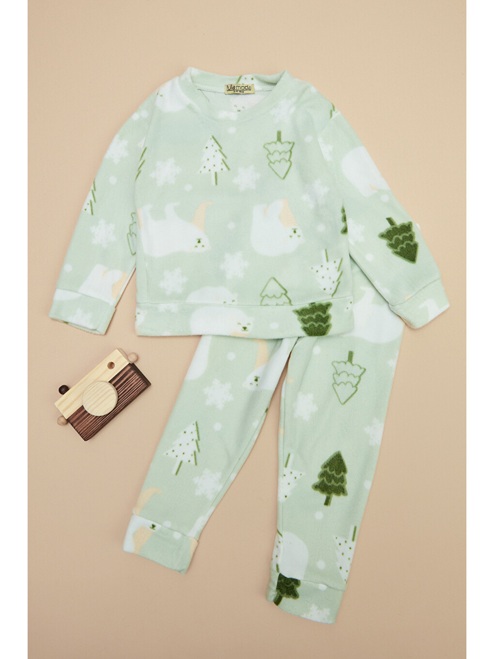 Turkuaz Kutup Ayısı Desenli Polar Unisex Çocuk Pijama Takımı-2
