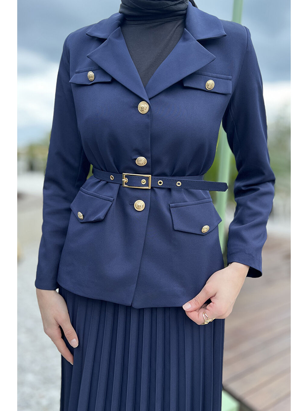 Lacivert Kadın Kemer Aksesuarlı Blazer Ceket Etek Tesettür İkili Takım-7