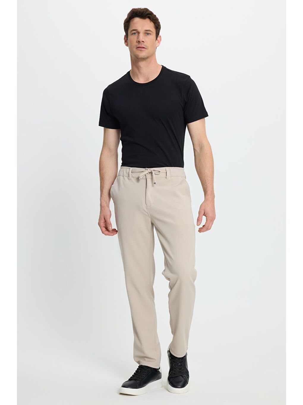 Bej Erkek Slim Fit Dar Kesim Beli Lastikli Bağcık Detaylı Taş Pantolon-5