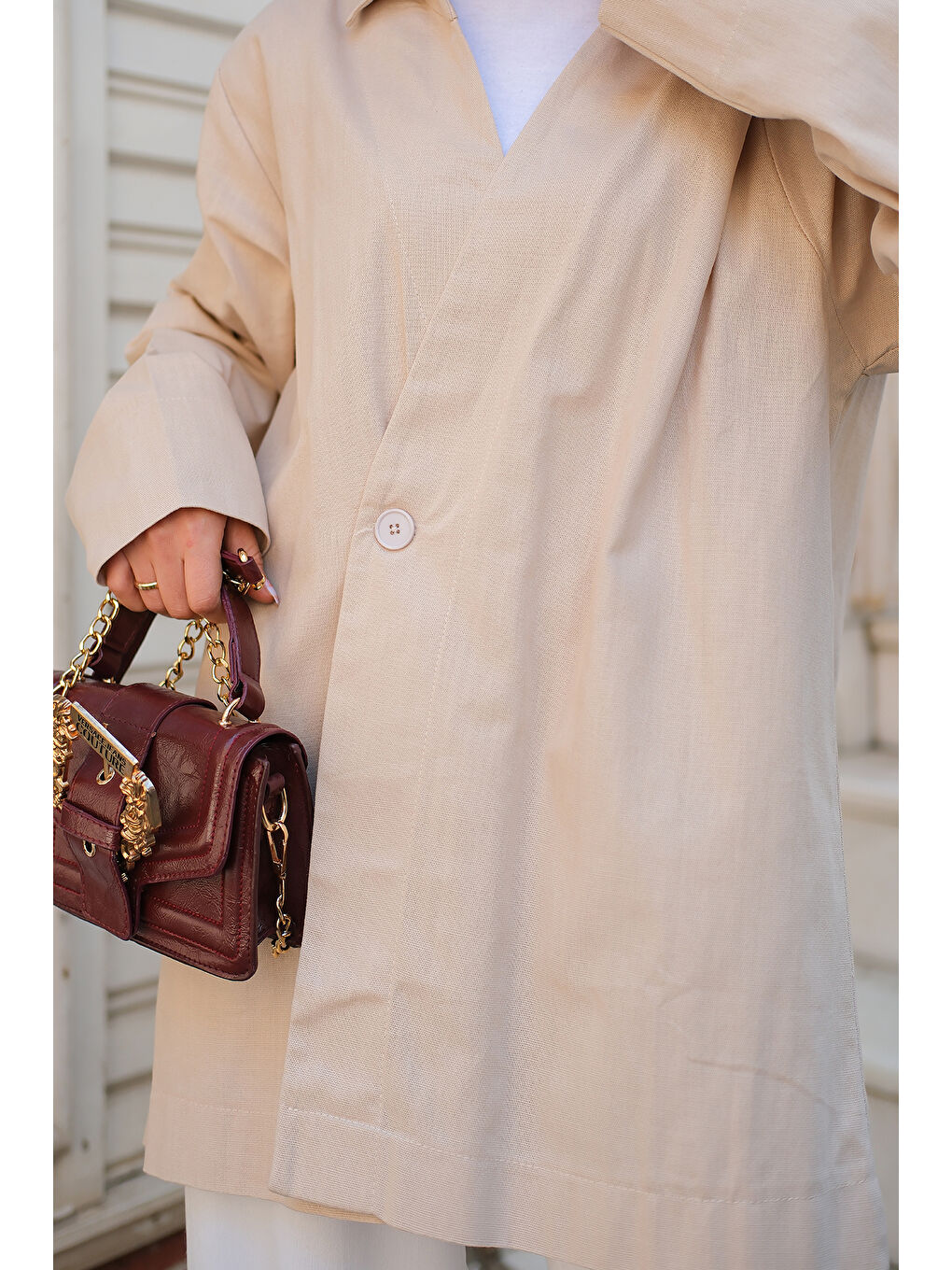 Ekru Kadın Kruvaze Yaka Keten Ceket  Krem-4