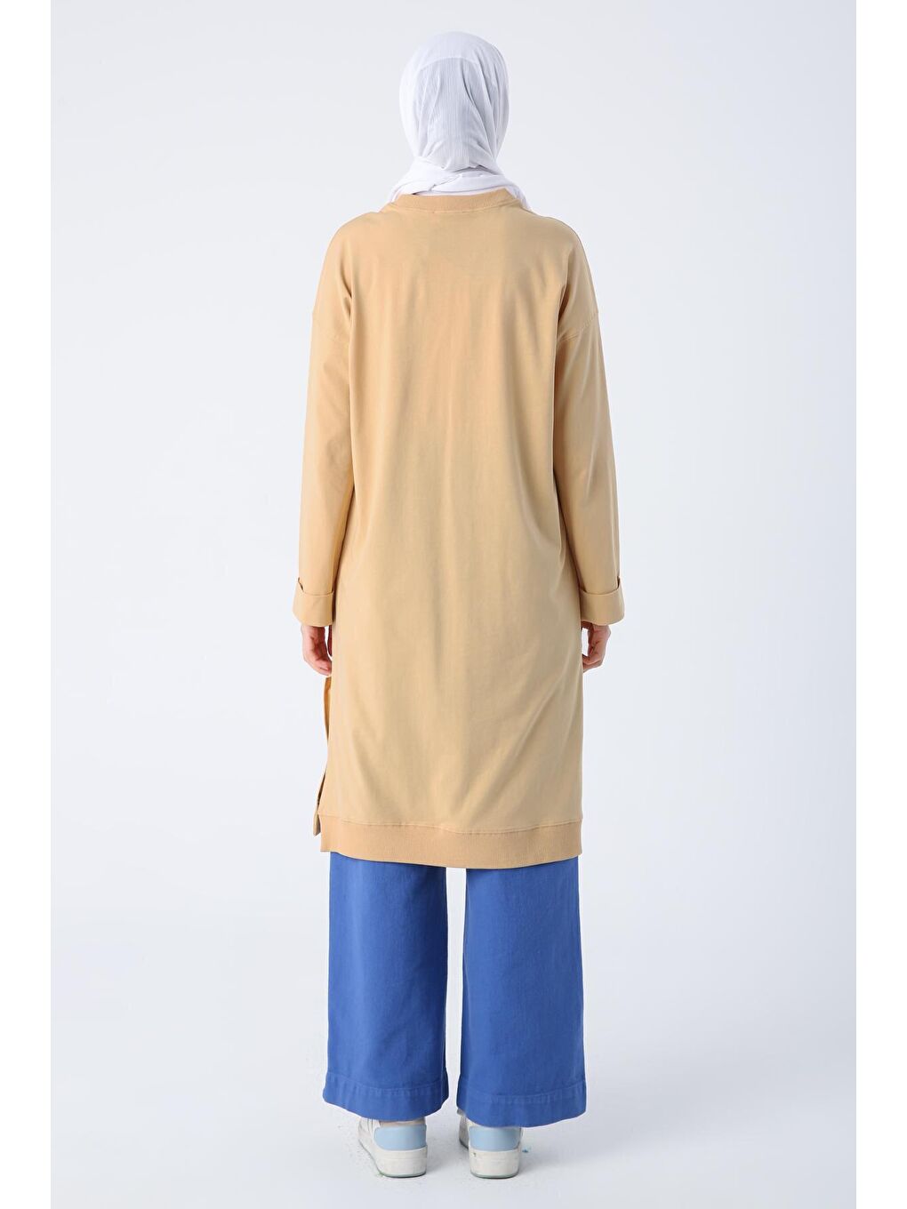 Sarı Bisiklet Yaka Kol Ucu Katlamalı Yıtmaçlı Penye Tunik-3