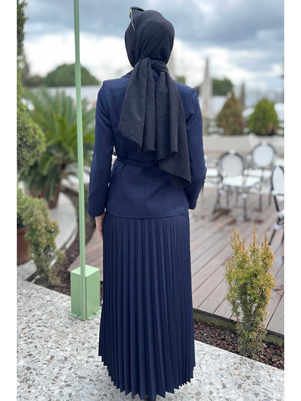 Lacivert Kadın Kemer Aksesuarlı Blazer Ceket Etek Tesettür İkili Takım-8