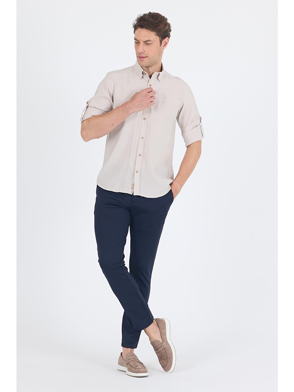 Bej Kısalabilir Kol Smart Biritli Yaka Cepsiz  Slim Fit  Gömlek 1004250224-1