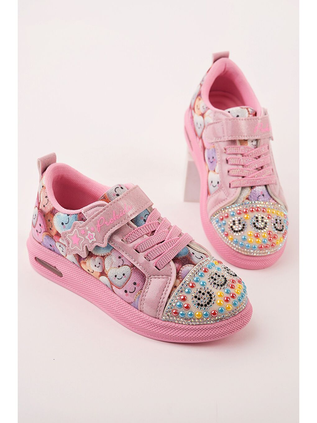 Pembe SMİLE Taş Detaylı Desenli Cırtlı Kız Çocuk Işıklı Günlük Sneaker Spor Ayakkabı