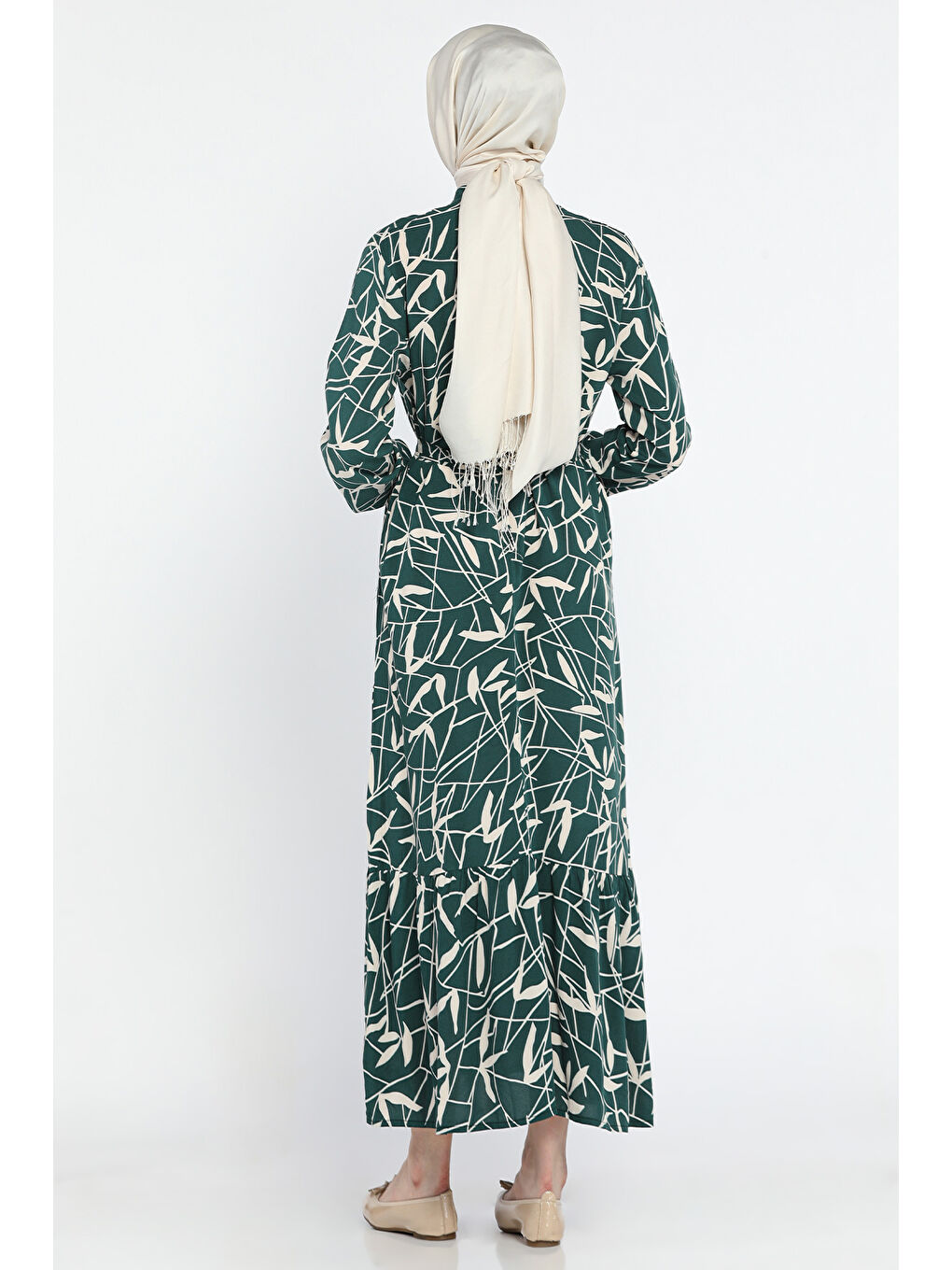 Yeşil Desenli Bel Bağlamalı Tesettür Viskon Elbise-5