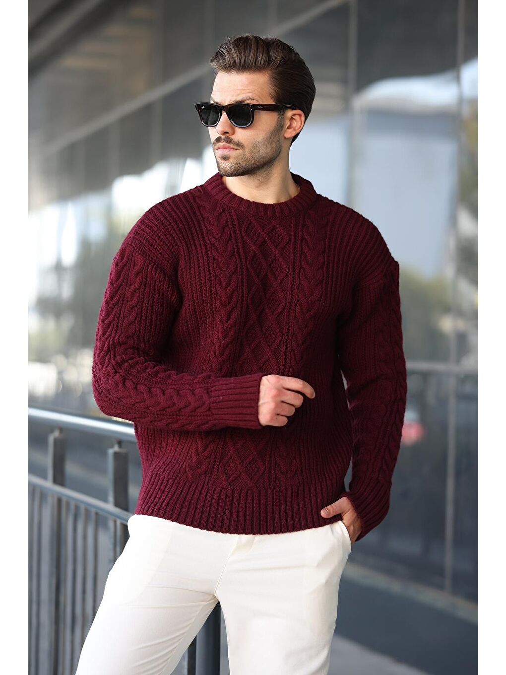 Bordo Örgü Desenli Triko Erkek Kazak E7425-1